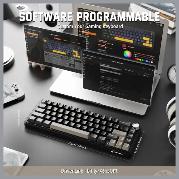 ATTACK SHARK X66 60% Wireless Gasket Mechanical Keyboard, Bluetooth and 2.4G Wireless and Type-C Wired, Hot-Swap 3 and 5-Pin, Pre-Lubed Strawberry Switch, 16.8 Million RGB, Starry Black