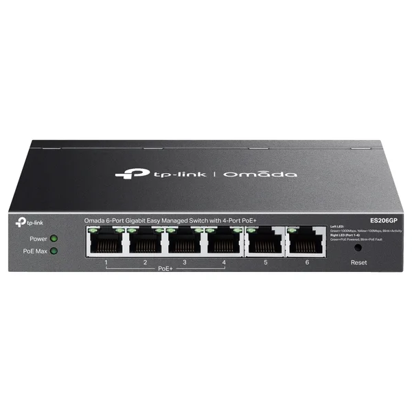 TP-Link ES206GP Omada 6-Port Gigabit Easy Managed Switch, 4-Port PoE+, 6x 10/100/1000Mbps RJ45, 65W Power Budget Up to 30W Per PoE Port