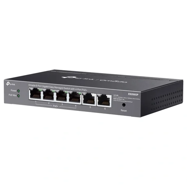 TP-Link ES206GP Omada 6-Port Gigabit Easy Managed Switch, 4-Port PoE+, 6x 10/100/1000Mbps RJ45, 65W Power Budget Up to 30W Per PoE Port