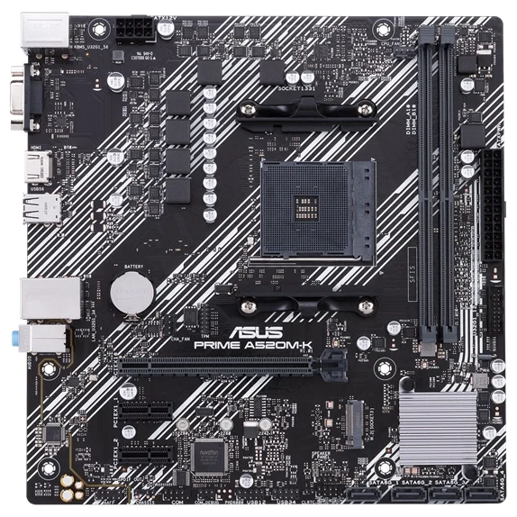 ASUS PRIME A520M-K Micro ATX Motherboard, AMD A520 Chipset, AM4 Socket, 2 DIMM Up To 64GB DDR4, M.2 And 4x SATA 6Gbps, 1Gb Ethernet, HDMI 2.1 4K@60Hz And D-Sub, USB 3.2 Gen 1 Type-A