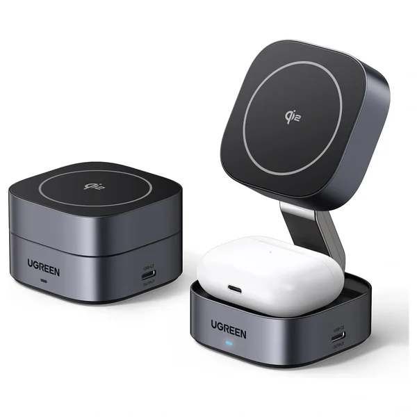 UGREEN MagFlow Qi2 15W 2-in-1 Foldable Wireless Charging Station, Qi2 Certified 15W Wireless Charging, 15W Phone and 5W Earbuds, N48*16 Magnets, Model 35316