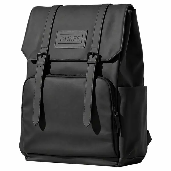 DUKES CITYLINE Backpack, Premium PU Exterior and Polyester Lining, Magnetic Strap Buttons, Zipper and Hasp Closure, Dedicated Computer Interlayer, Fully Waterproof, 32x12x44cm - Pure Black