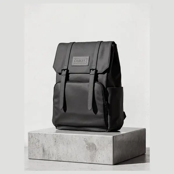 DUKES CITYLINE Backpack, Premium PU Exterior and Polyester Lining, Magnetic Strap Buttons, Zipper and Hasp Closure, Dedicated Computer Interlayer, Fully Waterproof, 32x12x44cm - Pure Black