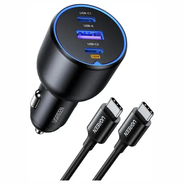 UGREEN 3-Port Fast Car Charger, 130W Max Output, PD 3.0 Up to 100W Single-Port, Thermal Guard Temperature Control, 1m USB-C Cable, 55511 EC705