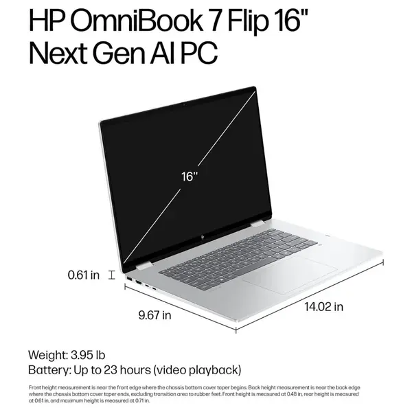 HP OmniBook 7 Flip 16-AU0055CL 2-in-1 AI PC, Intel Core Ultra 5 226V, 16GB LPDDR5x-8533MT/s RAM, 1TB PCIe SSD, 16 inch 2K 1920 x 1200 Touchscreen IPS, Intel Arc 130V GPU, Windows 11 Home, Silver