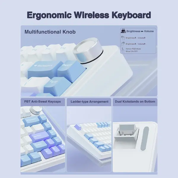 AULA F75 75% Wireless Mechanical Keyboard, Tri-Mode 2.4GHz USB-C and BT5.0, Hot Swappable 3-Pin and 5-Pin, 16.8 Million RGB Backlit, White and Blue and Purple