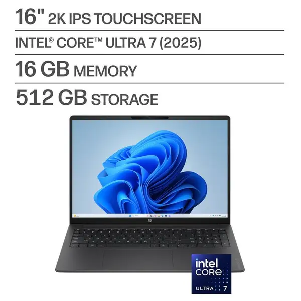 HP OmniBook 3 16" 2K Touchscreen Laptop, Intel Core Ultra 7 Series 2 255U, 16GB DDR5 5600MHz RAM, 512GB PCIe 4.0 SSD, Intel Graphics, Windows 11 Home, Mica Silver 16-BU0007DX