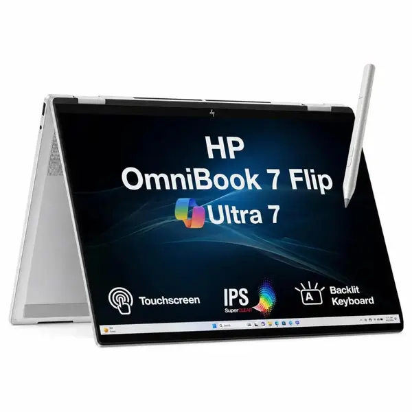 HP OmniBook 7 Flip 16T-AU000 2-in-1 Laptop, Intel Core Ultra 7 256V, 16GB DDR5 RAM, 512GB NVMe M.2 SSD, Intel Arc Graphics 140V, 16" WUXGA IPS Touchscreen, Windows 11 Home, Glacier Silver