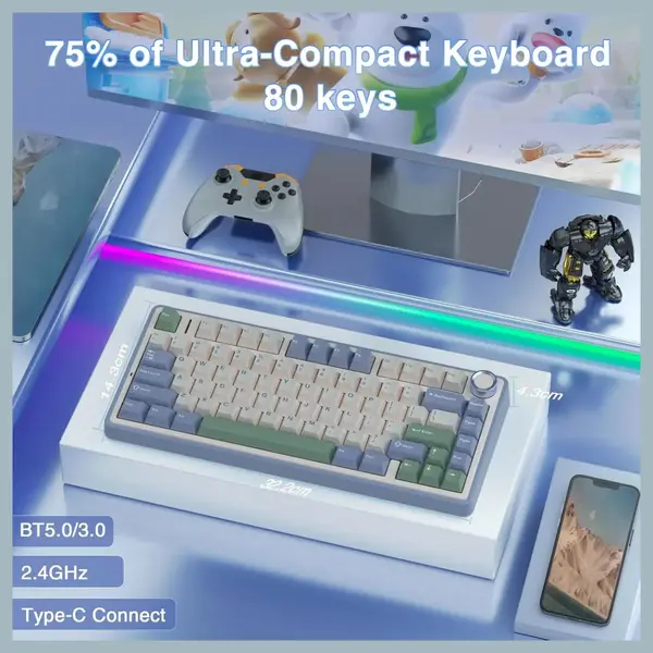 Aula F75 Wireless Gaming Mechanical Keyboard, 2.4GHz, USB Type-C, Bluetooth 5.0, 75% Compact Layout, Gasket Structure, Hot-Swap, 16.8 Million RGB, Milk White Switches, Retro White