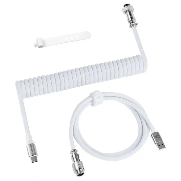 ATTACK SHARK C01PRO Double Sleeved Type-C Coiled Cable With Detachable Aviator Connector for Mechanical Keyboards, 4-Pin Metal Connector, 65 Inches Total Length, White C01PRO-WH