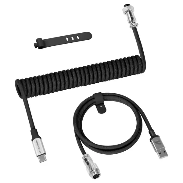 ATTACK SHARK C01PRO Coiled Cable, Double Sleeved Type-C Cable With Detachable Aviator Connector for Mechanical Keyboard, Black