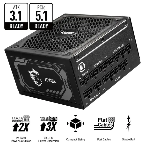 MSI MAG A1250GL PCIE5 Fully Modular Compact Gaming Power Supply, 1250W, 80 Plus Gold, ATX 3.1 and PCIe 5.1 Ready, Native Dual-Color 12V-2x6 Cable