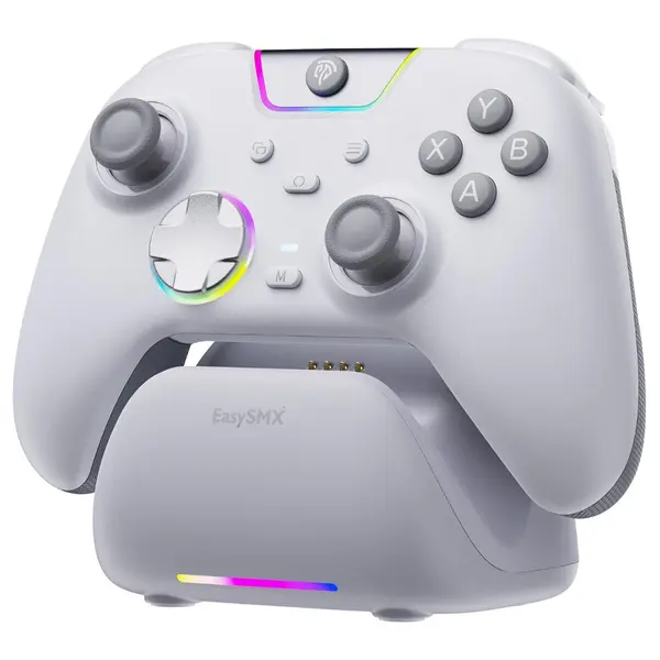 EasySMX X05 Pro Multiplatform Wireless Gaming Controller, Quiet Buttons, Charging Dock, 2.4GHz Wireless Bluetooth and Wired, Hall Effect Joysticks, 1000Hz Polling Rate, White