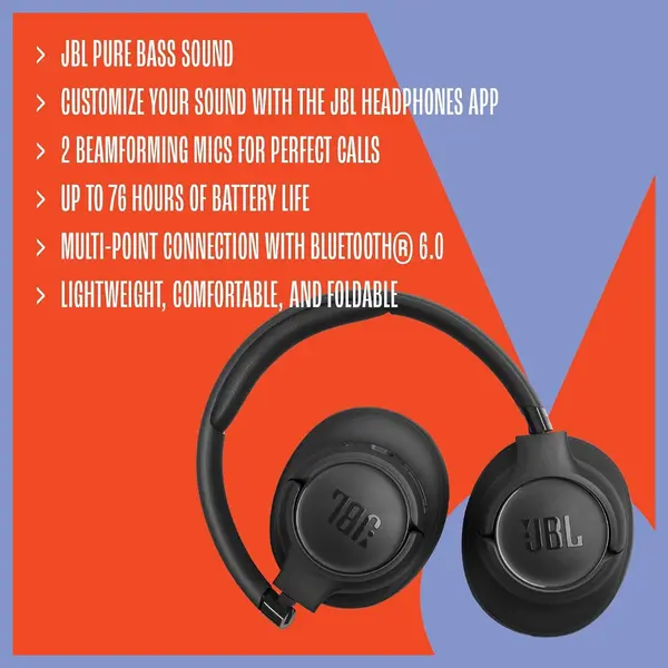 JBL Tune 730BT Wireless Over-Ear Headphones, Bluetooth 6.0, JBL Pure Bass Sound, Up to 76 Hours Battery Life, 2 Beamforming Mics, Multi-Point Connection, Blue, JBLT730BTBLU