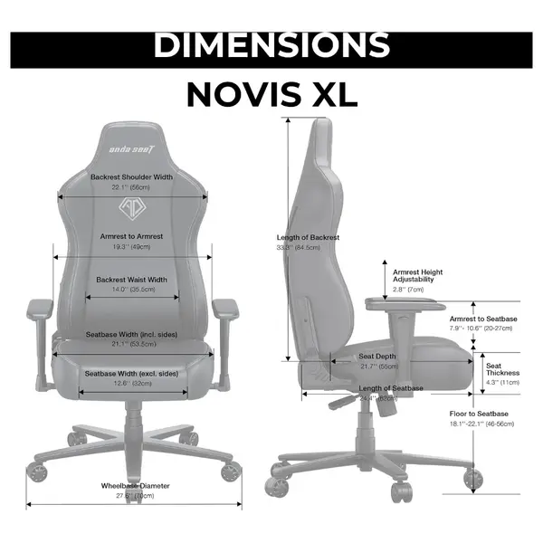 AndaSeat Novis Ultra XL Series Ergonomic Gaming Chair, 5cm Raised Lumbar, Memory Foam Lumbar, Adjustable Armrests, Premium PVC Leather, Elegant Black