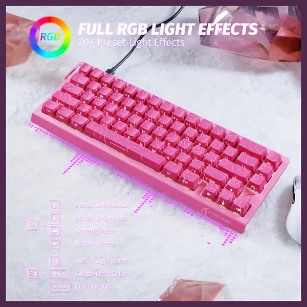 ATTACK SHARK X68 HE Rapid Trigger Keyboard, 60% Wired 8000Hz, Magnetic Switch, 0.01mm RT Accuracy, Adjustable Actuation 0.1-3.4mm, RGB Backlight, Pink Contours