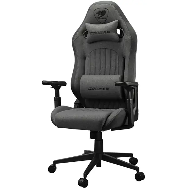 Cougar Explore Royal Gray F Gaming Chair, 3D Hyperrotation Armrests, Premium Imitation Linen Fabric, Lumbar and Neck Pillows, Textured Leatherette Backrest, Royal Gray