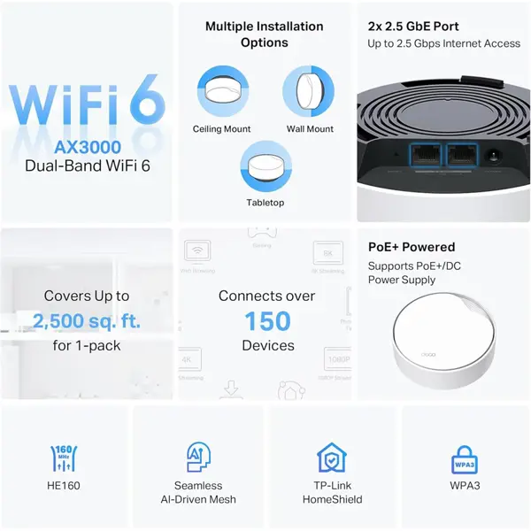 TP-Link Deco X50-PoE AX3000 Mesh WiFi 6, PoE Powered, 2 x 2.5G Ports, Ceiling or Wall Mount, Deco X50-PoE 1-Pack
