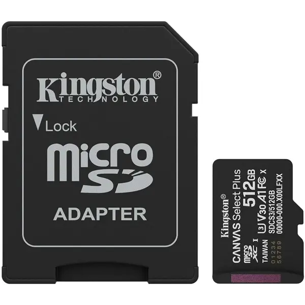Kingston Canvas Select Plus MicroSD Memory Card, 512GB, Read Up To 150MB/s, V30 A1 UHS-I, With SD Adapter, SDCS3/512GB