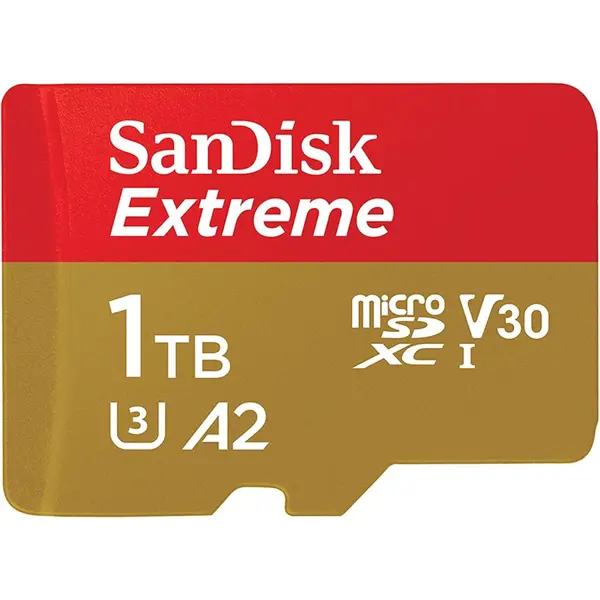 SanDisk Extreme microSDXC UHS-I Memory Card 1TB, Up To 190MB/s Read, C10 U3 V30 A2, With Adapter, Gold/Red, SDSQXAV-1T00-GN6MA