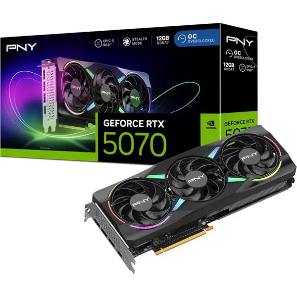PNY NVIDIA GeForce RTX 5070 Epic-X ARGB OC Triple Fan Graphics Card 12GB GDDR7 PCIe 5.0 Black VCG507012TFXXPB1-O