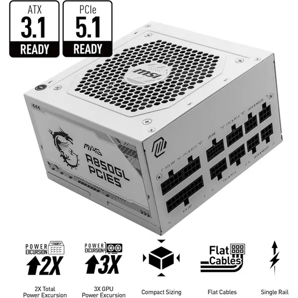 MSI MAG A850GL PCIE5 WHITE ATX 3.1 Ready PSU 80 PLUS Gold 850W Gaming Power Supply