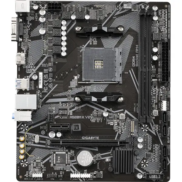 Gigabyte A520M K V2 Motherboard, AMD A520, PCIe Gen3 x4 M.2, Dual Channel DDR4, GbE LAN, 8-Channel HD Audio, HDMI and D-Sub, AM4