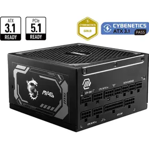 MSI MAG A1250GL PCIE5 Fully Modular Compact Gaming Power Supply, 1250W, 80 Plus Gold, ATX 3.1 and PCIe 5.1 Ready, Native Dual-Color 12V-2x6 Cable
