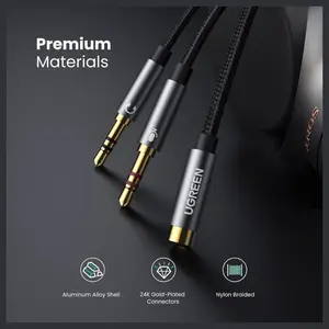 Ugreen Headphone Splitter, 3.5mm Female to 2 Dual 3.5mm Male Braided Audio Splitter Cable Microphone Stereo Jack Adapter Black 20899