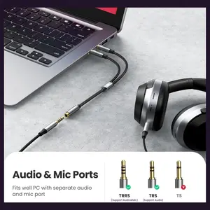 Ugreen Headphone Splitter, 3.5mm Female to 2 Dual 3.5mm Male Braided Audio Splitter Cable Microphone Stereo Jack Adapter Black 20899