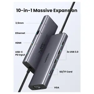 Ugreen USB C Hub USB-C 10-in-1 Dongle Dual Monitor 4K 30Hz HDMI and VGA 1Gbps Ethernet 100W PD 3x USB-A 3.0 SD and Micro SD 3.5mm Audio Jack 15601