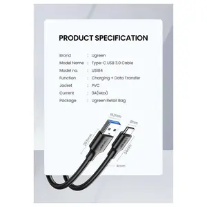 Ugreen USB 3.0 A Male to Type C Male Cable, 5Gbps, 3A, 1m, Black 20882