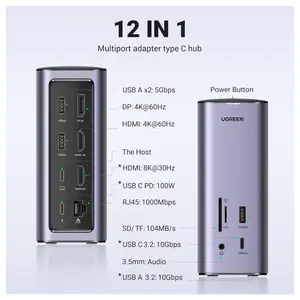 Ugreen Docking Station Triple Display 12-in-1, 8K, 2 HDMI, DP, 10Gbps USB-C and USB-A 3.2, 100W PD, Ethernet, Audio, SD and TF Card Reader
