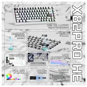Attack Shark X82 Pro HE Mechanical Gaming Keyboard, Tri-Mode 2.4G Wired BT, 8K Polling Rate, Hall Effect Magnetic Switch, 5000mAh, White Comic