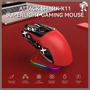 Attack Shark X11 Lightweight Wireless Gaming Mouse With RGB Charging Dock Tri-Mode 2.4G USB-C Wired BT, 22K DPI, PAW3311 Optical Sensor, 5 Programmable Buttons, Red