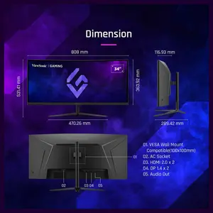 ViewSonic VX3418C-2K Curved Gaming Monitor, 34" UWQHD, 180Hz, 1ms MPRT, FreeSync Premium