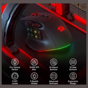 Redragon M811 Aatrox MMO RGB Wired Gaming Mouse 12400 DPI 15 Programmable Buttons Black