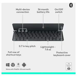 Logitech Keys-to-Go 2 Portable Bluetooth Tablet Keyboard with Built-in Cover, Wireless, Graphite