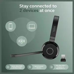 Jabra Evolve 65 TE Stereo Wireless Single-Ear Headphones Noise-Canceling Mic, 16hrs Battery Life, Dual Connectivity, Black