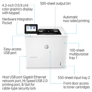 HP LaserJet Enterprise M611DN Monochrome Printer, 65ppm, 1200x1200dpi, Auto Duplex, USB-B Ethernet