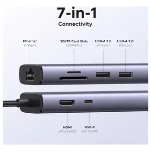UGREEN Revodok 7 in 1 USB-C Hub Gigabit Ethernet Adapter 4K at 60Hz HDMI 100W PD 2x USB-A 3.0 SD and TF Card Reader 60515