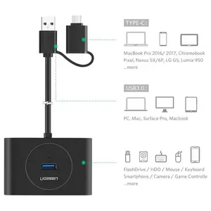 Ugreen USB Hub 4-Port USB 3.0 Hub with 1M Extension Cable OTG USB-C Plug Black 40850