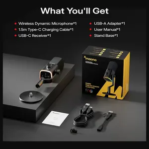 Maono PD100W Wireless and USB Microphone, One-Click Noise Reduction, Custom RGB, 3.5mm Headphone Jack, Black