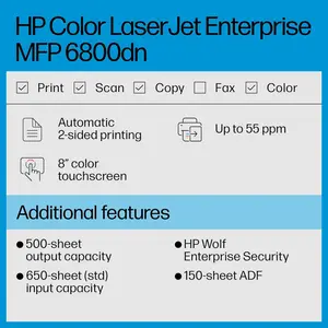 HP Color LaserJet Enterprise MFP 6800dn Multifunction Printer, Up To 55 Ppm, Auto Duplex Printing, 8-inch Color Touchscreen (Official Warranty)
