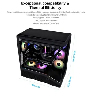 Lian Li Vector V100R ATX Mid-Tower PC Case, 4x120mm ARGB PWM Fans, LED RGB Strip, Tempered Glass Display Platform, 415mm GPU Support, 360mm Radiator Support, Black, V100RX