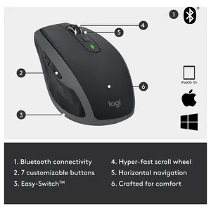 Logitech MX Anywhere 2S Bluetooth Edition Compact Wireless Mouse, Bluetooth Only, Darkfield Tracking Up To 4000 DPI, Hyper-Fast Scrolling, Rechargeable, Logitech Flow Up To 3 Computers, Graphite