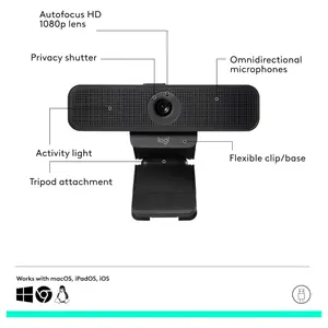 Logitech C925e Business Webcam, 1080p 30fps, 78 Degree FOV, Autofocus, RightLight 2, Dual Omnidirectional Mics, H.264, USB-A, Privacy Shutter, Black, 960-001076