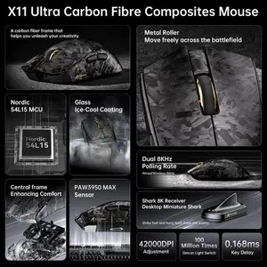 ATTACK SHARK X11 Ultra Wireless Gaming Mouse, PAW3950 MAX 42000 DPI, Dual 8000Hz Wired and Wireless Polling, 63g Carbon Fiber, Wired Bluetooth and 2.4GHz, Black