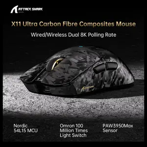 ATTACK SHARK X11 Ultra Wireless Gaming Mouse, PAW3950 MAX 42000 DPI, Dual 8000Hz Wired and Wireless Polling, 63g Carbon Fiber, Wired Bluetooth and 2.4GHz, Black