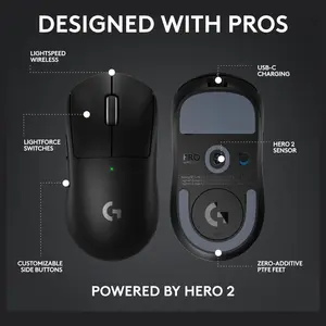 Logitech G PRO X Superlight 2 Lightspeed Wireless Gaming Mouse, Hero 2 Sensor, 32,000 DPI, 5 Programmable Buttons, USB-C Charging, Black, 910-006632
